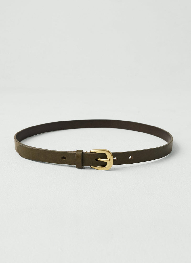 Slim Brass Buckle Leather Belt | Olive