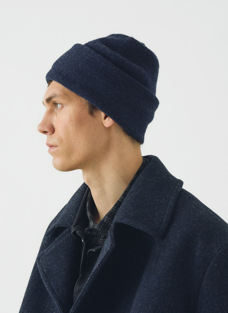 Washed Lambswool Beanie Hat | Navy Melange