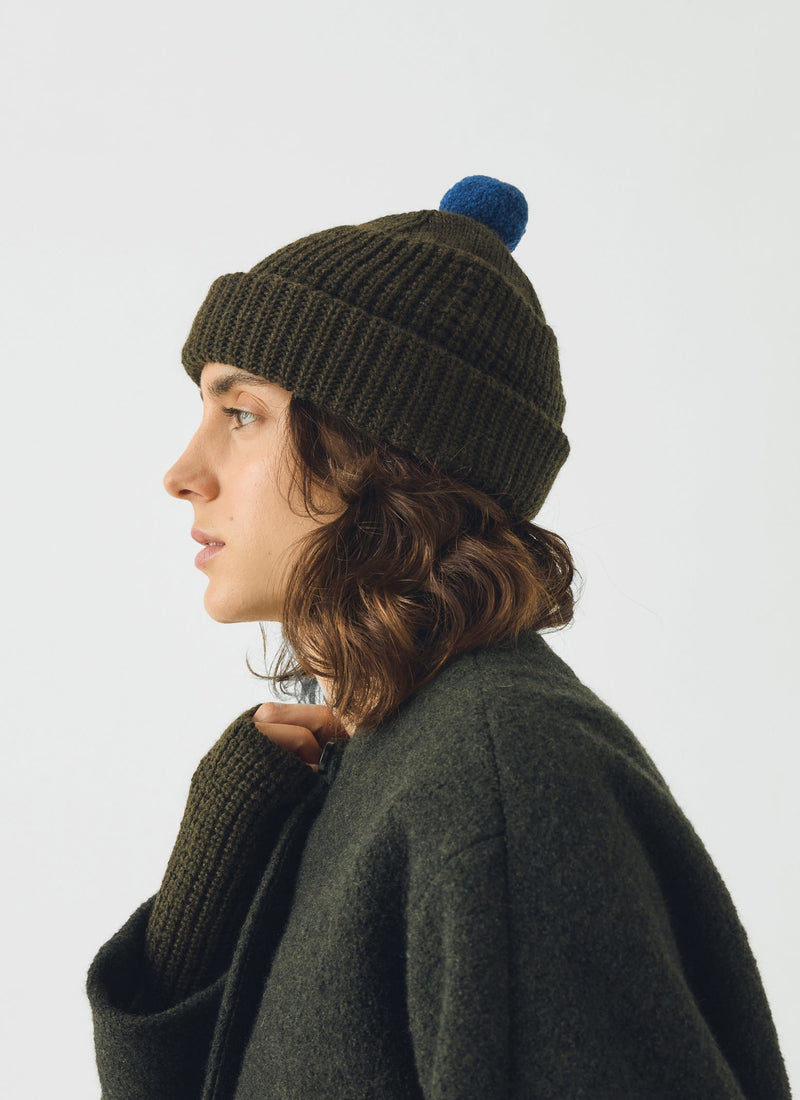 Waffle Stitch Wool Beanie | Dark Olive