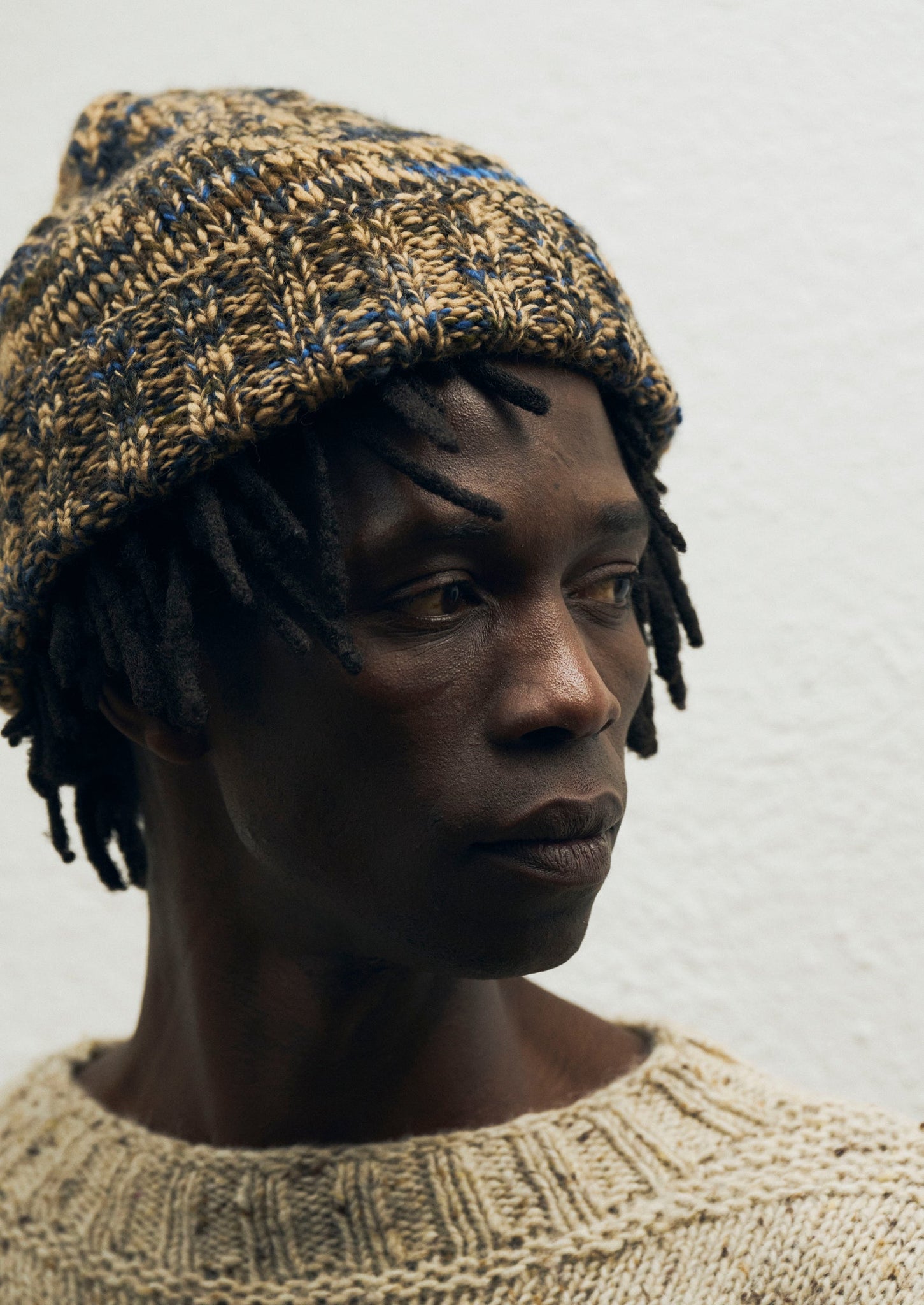 Hand Knitted Marl Beanie | Stone/Midnight