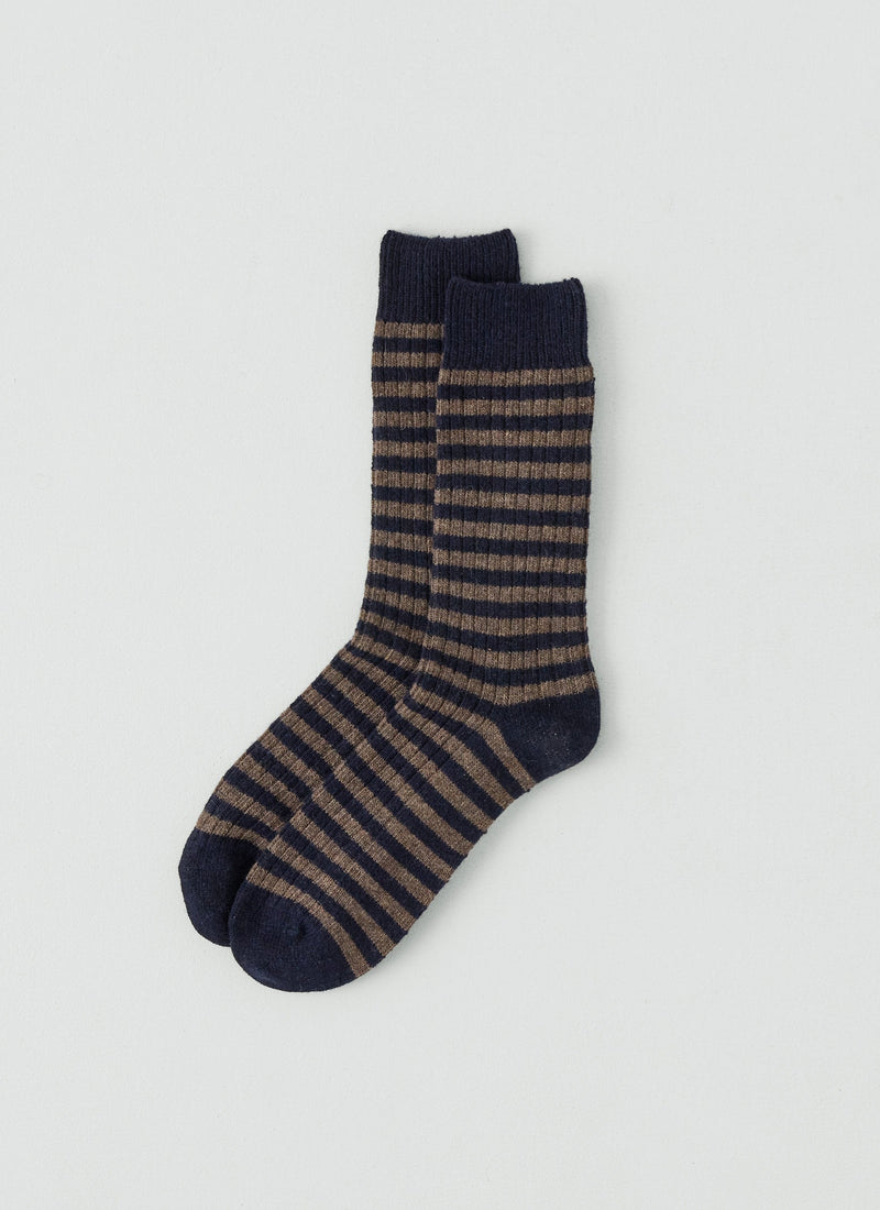 Stripe Wool Blend Socks | Navy/Walnut