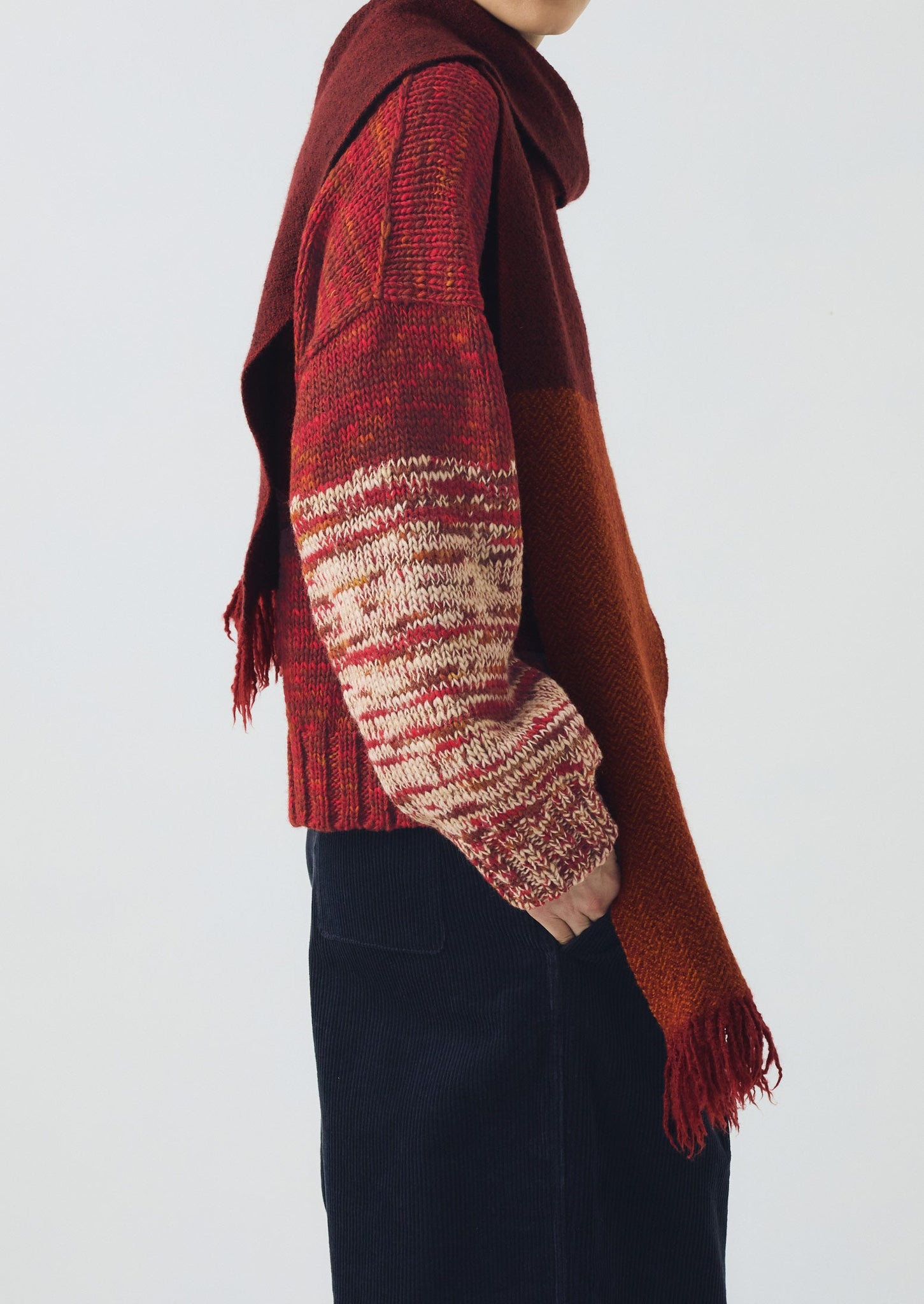 Chevron Thin Wool Scarf | Plum/Rust