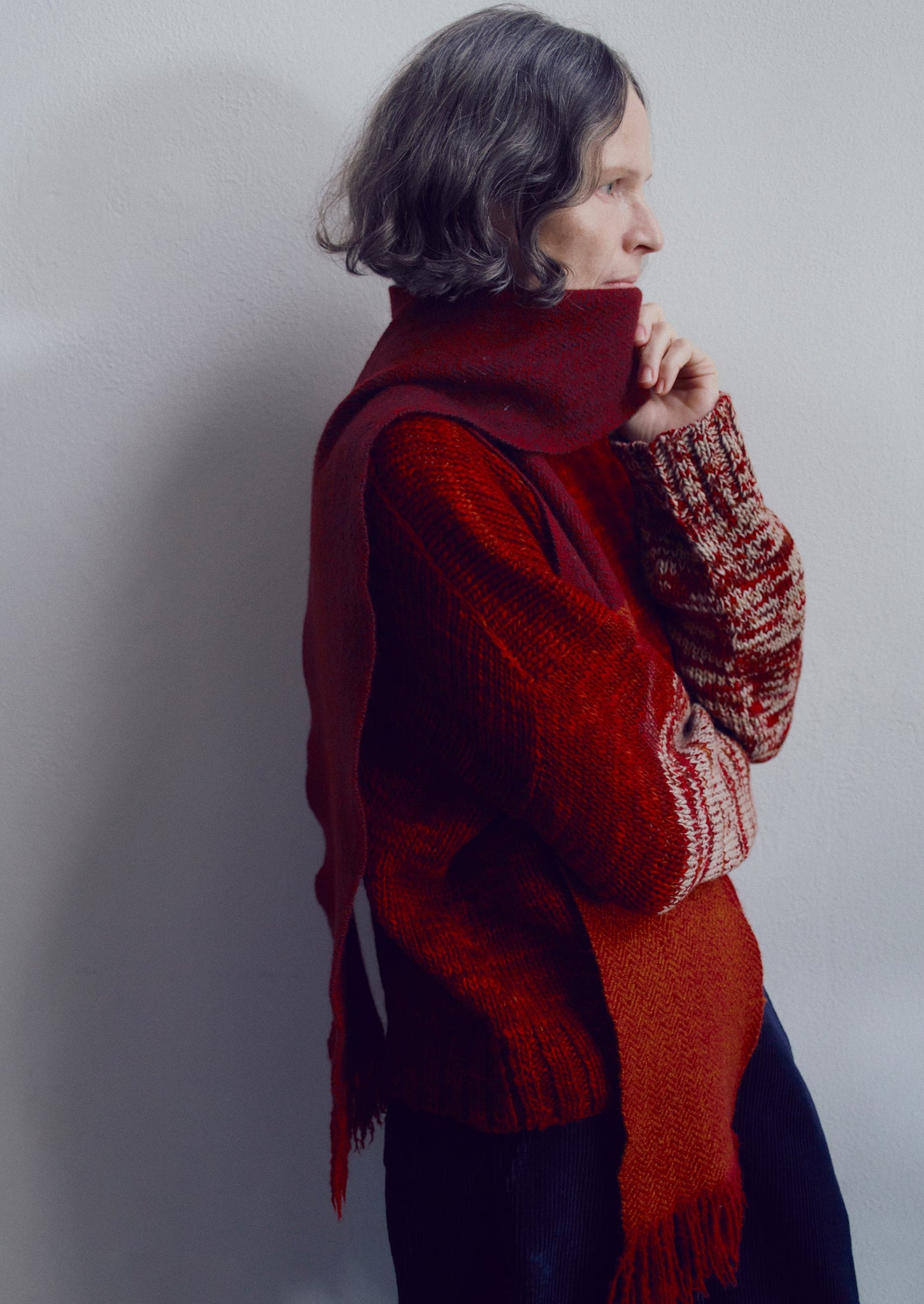 Chevron Thin Wool Scarf | Plum/Rust