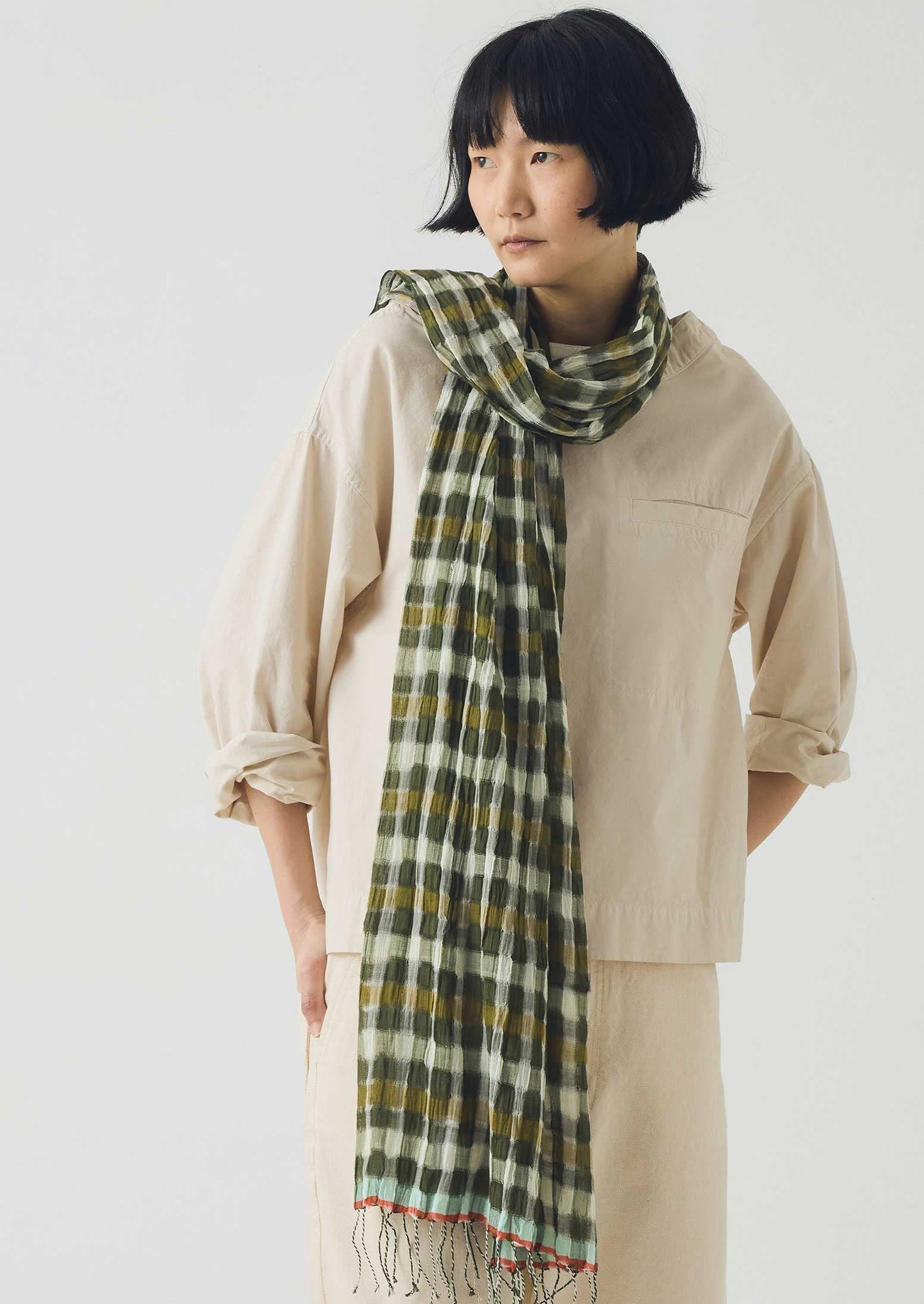 Cafe Tile Gingham Cotton Scarf | Olive