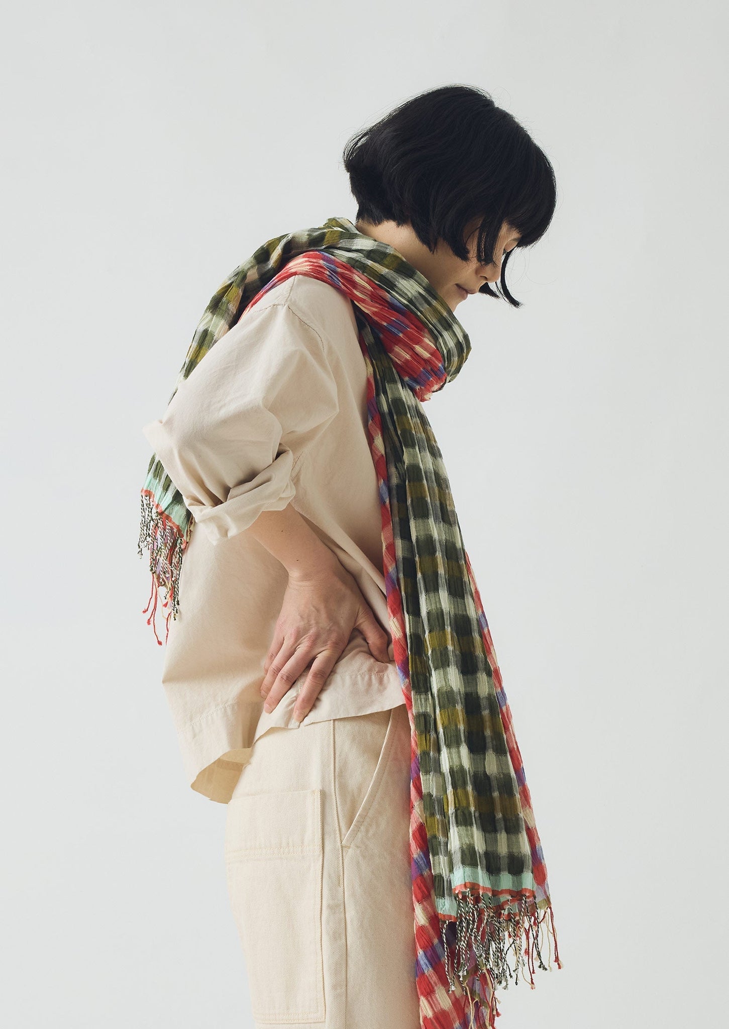 Cafe Tile Gingham Cotton Scarf | Olive