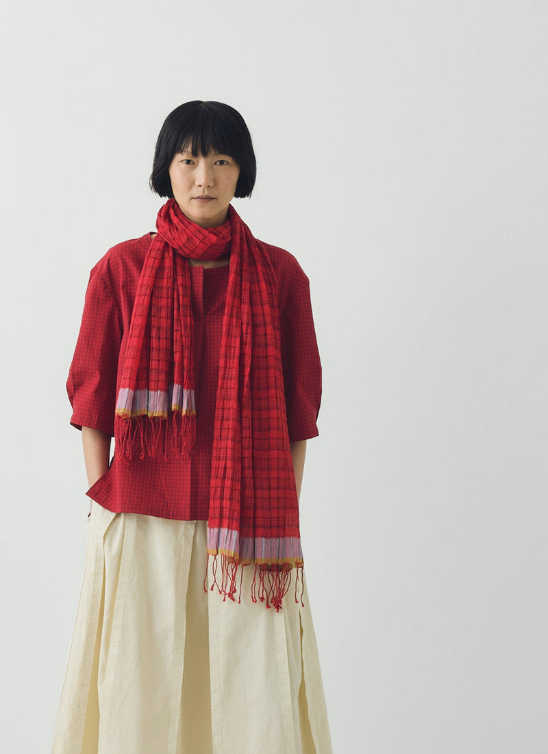 Graph Paper Check Gauzy Scarf | Vibrant Red/Slate