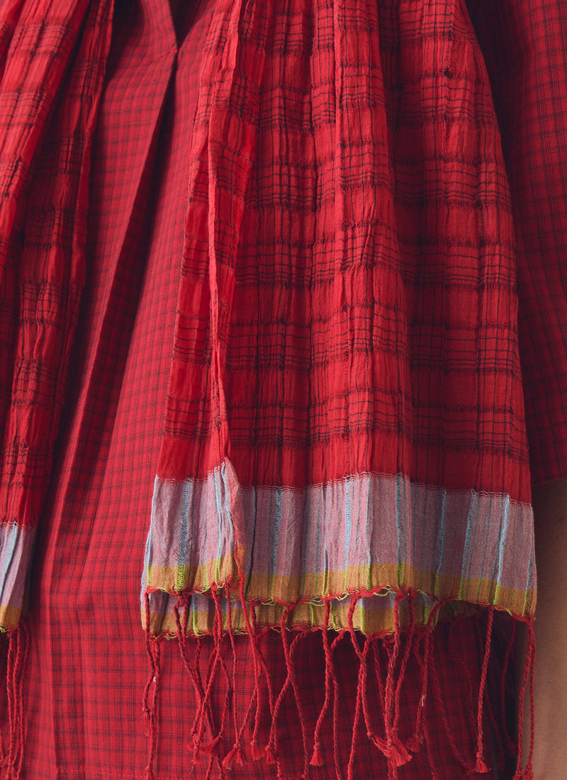 Graph Paper Check Gauzy Scarf | Vibrant Red/Slate