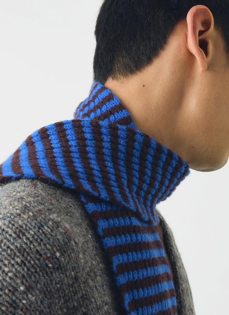 Micro Cable Striped Wool Scarf | Cobalt/Prune