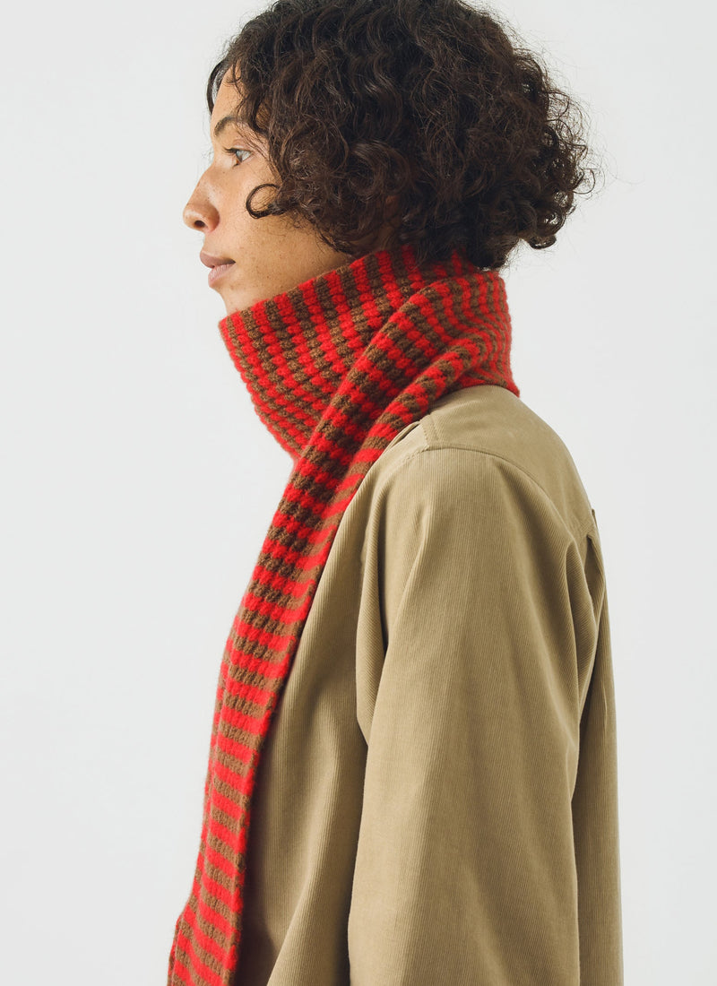 Micro Cable Striped Wool Scarf | Red/Pecan