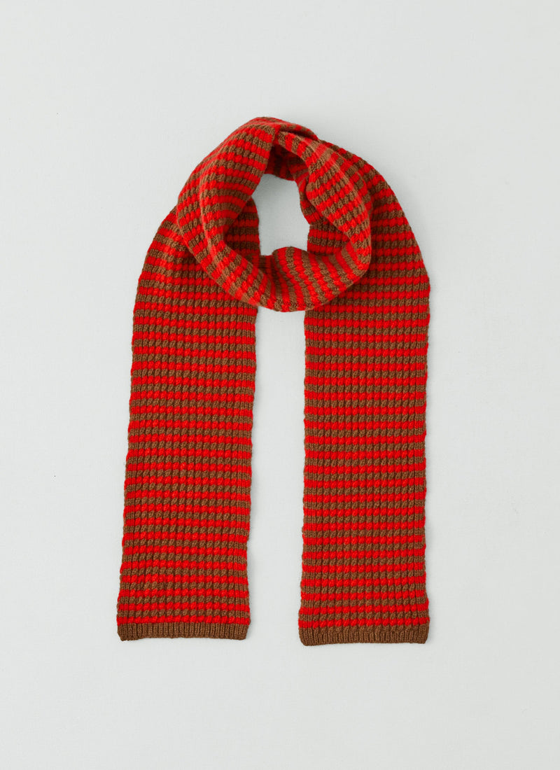 Micro Cable Striped Wool Scarf | Red/Pecan