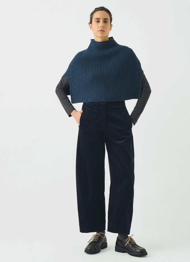 Ribbed Wool Cashmere Poncho | Navy Blue Melange