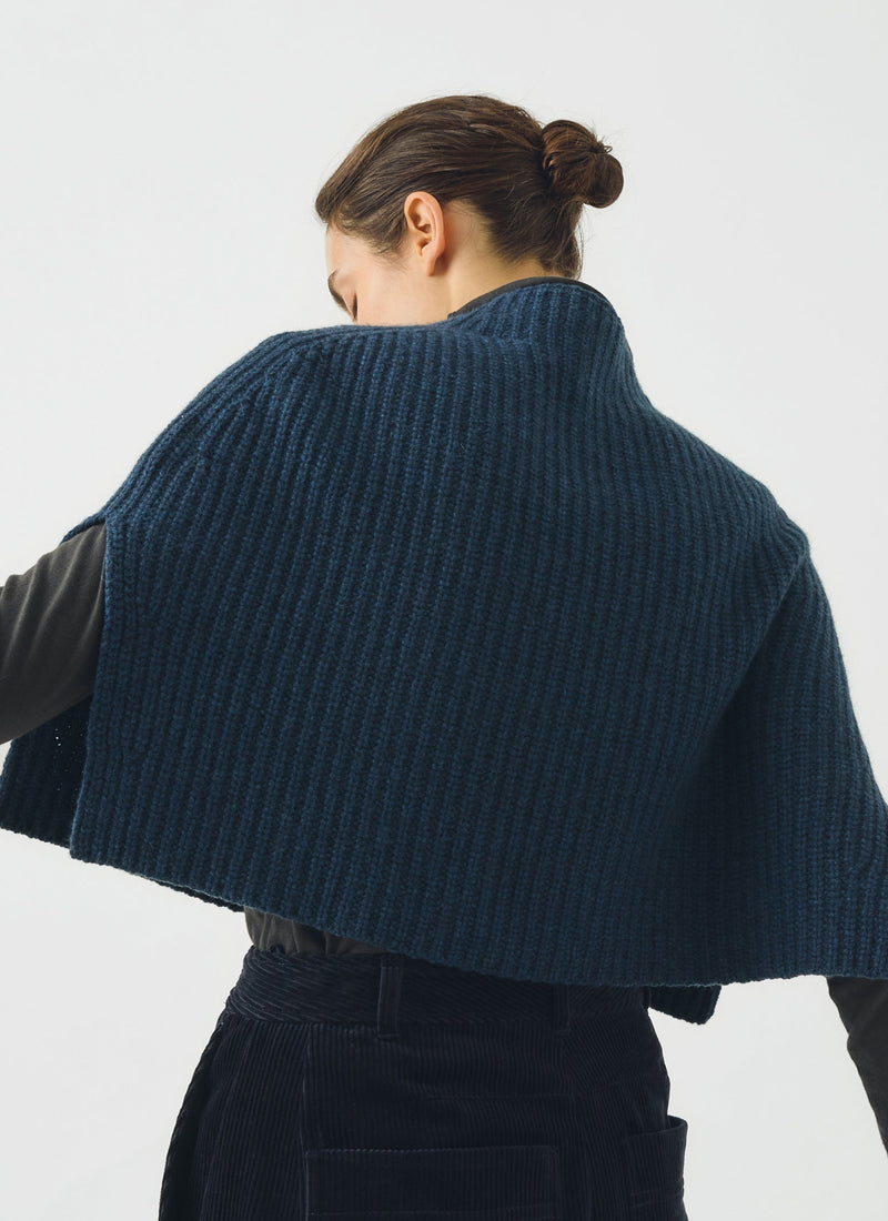 Ribbed Wool Cashmere Poncho | Navy Blue Melange