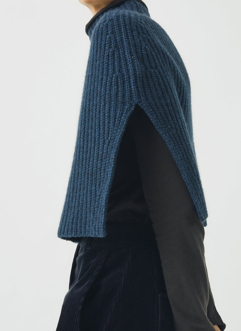 Ribbed Wool Cashmere Poncho | Navy Blue Melange