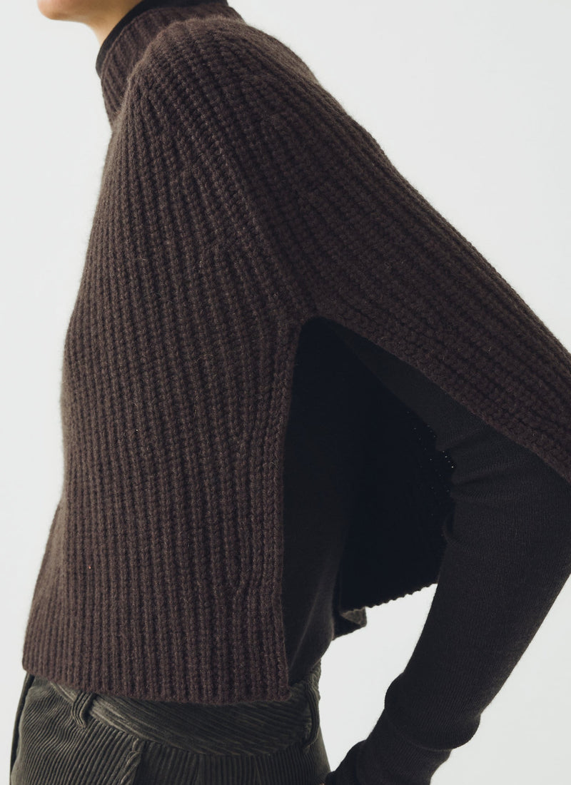 Ribbed Wool Cashmere Poncho | Brown Umber