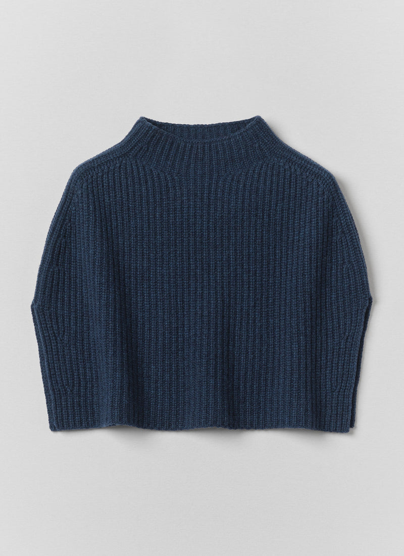 Ribbed Wool Cashmere Poncho | Navy Blue Melange