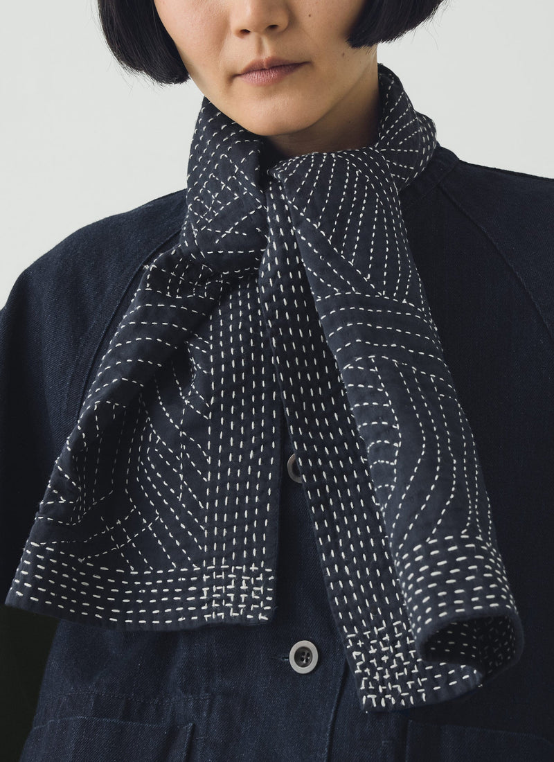 Kantha Embroidered Cotton Scarf | Midnight/Ecru