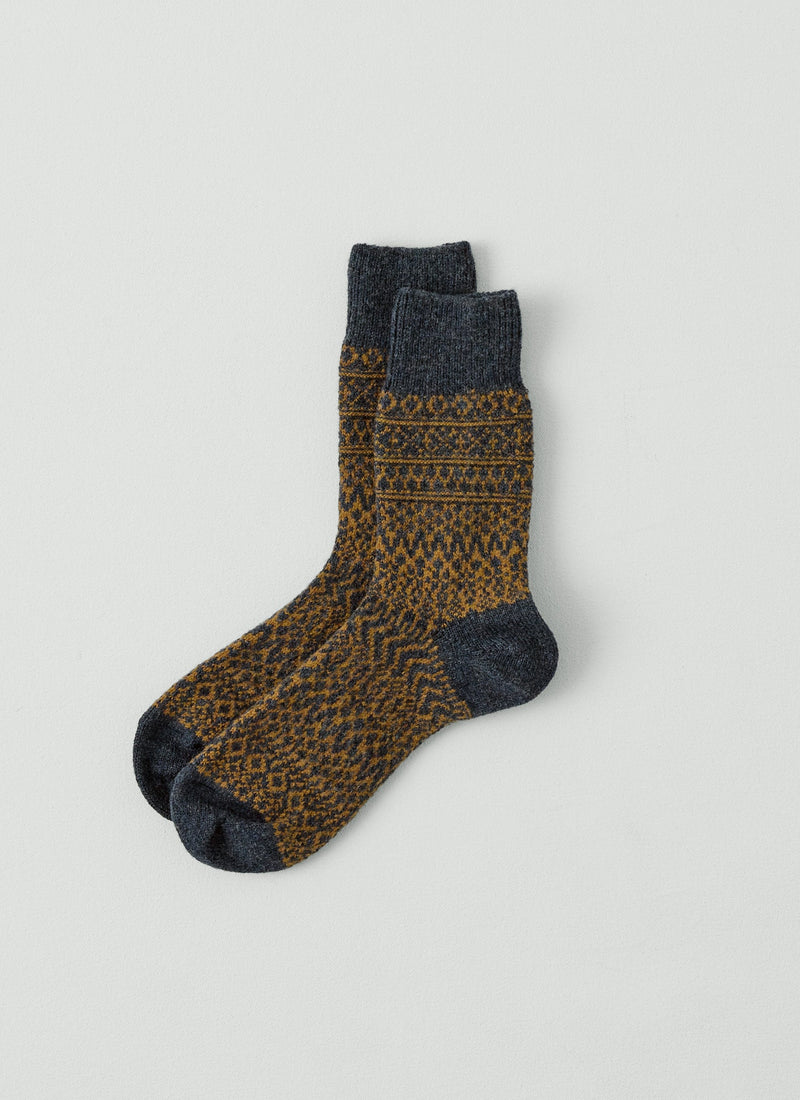 Nishiguchi Kutsushita Wool Jacquard Socks | Navy/Toffee