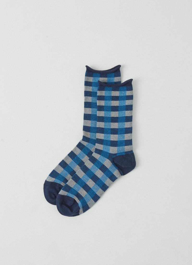 Check Cotton Cashmere Socks | Blue/Parchment