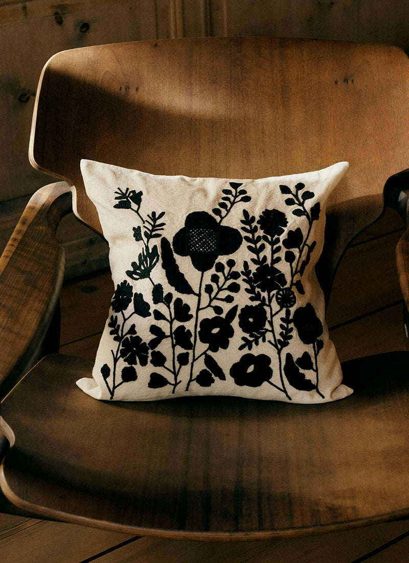 Floral Folk Embroidered Cushion Cover | Cream/Kohl