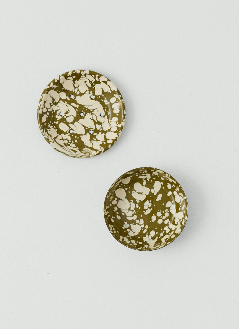 Splatter Enamel Soap Dish | Olive/Ecru