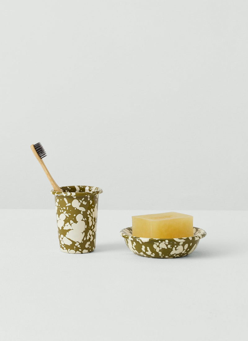 Splatter Enamel Toothbrush Tumbler | Olive/Ecru