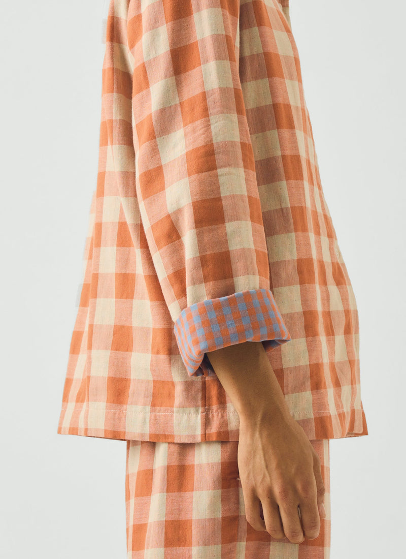 Gingham Face Cotton Pyjamas | Coral/Sky Blue
