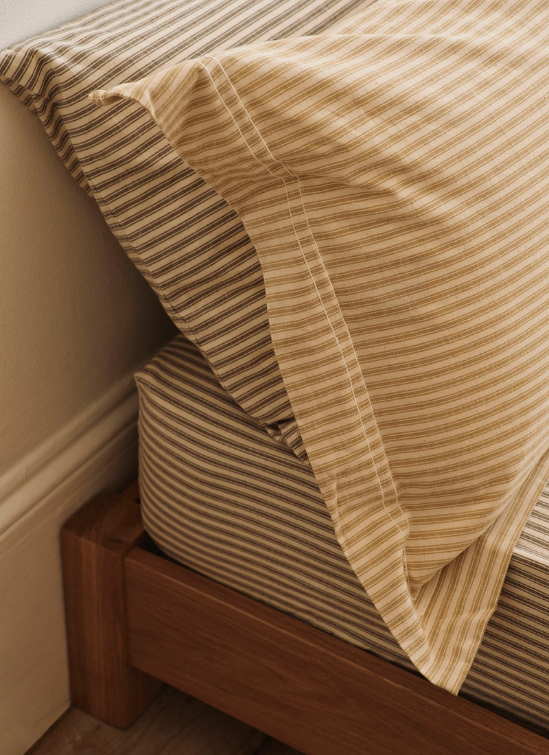 Ticking Stripe Cotton Oxford Pillowcase | Ecru/Straw