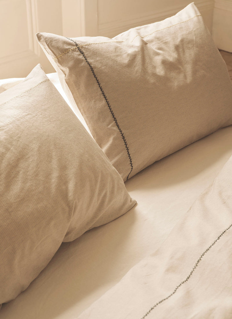 Fine Stripe Cotton Housewife Pillowcase | Ecru/Smoke Blue