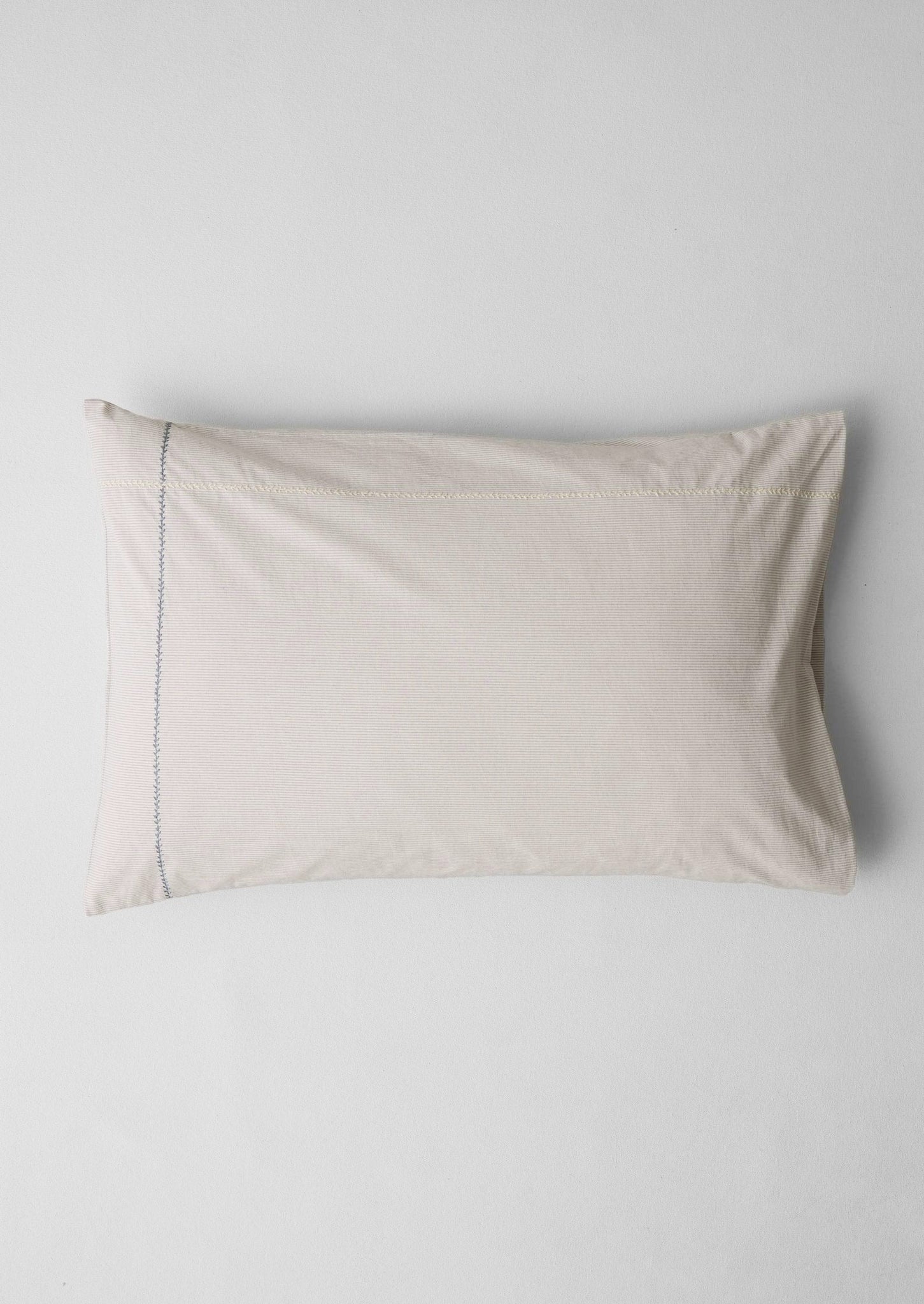Fine Stripe Organic Cotton Embroidered Pillowcase | Ecru/Smoke Blue