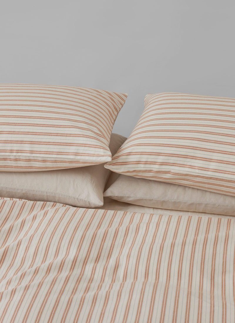 Ines Stripe Cotton Flannel Housewife Pillowcase Set | Apricot/Soft Blue