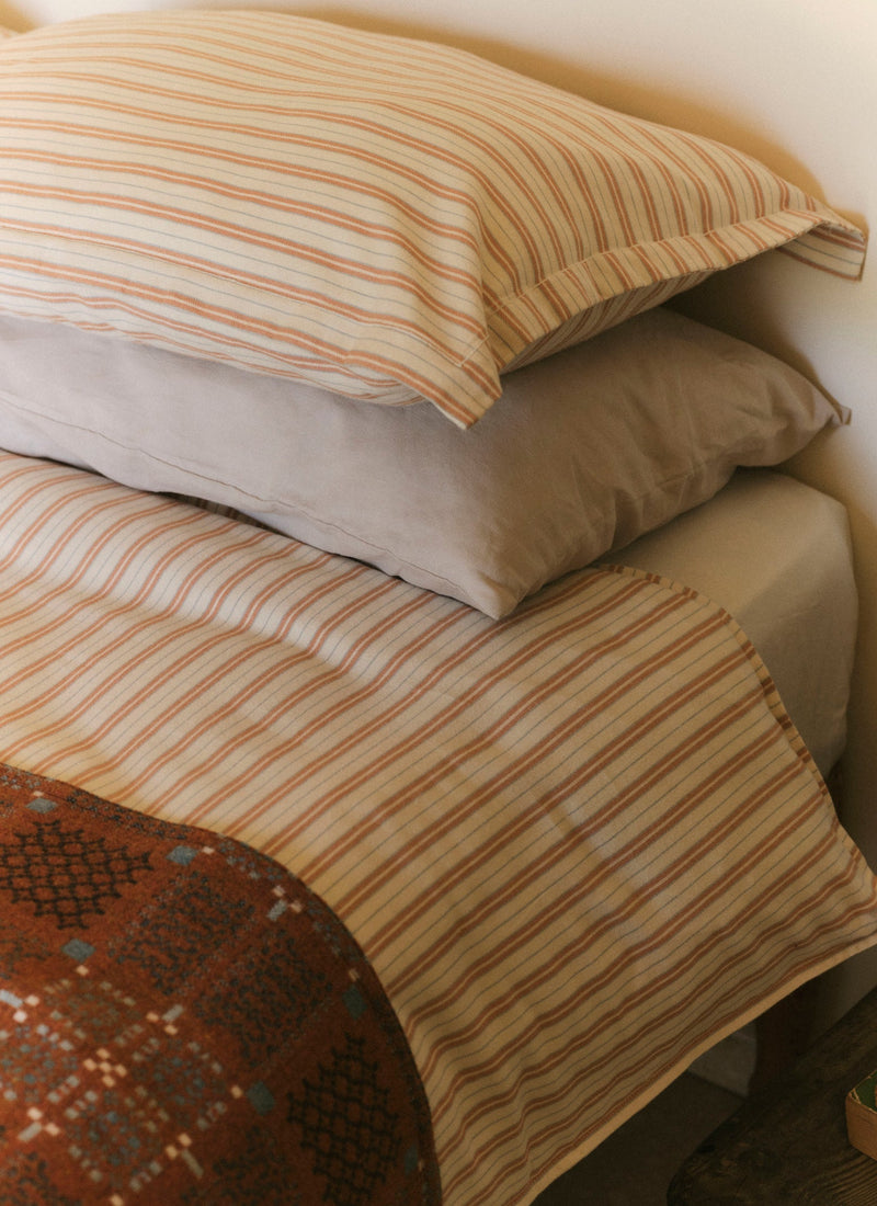 Ines Stripe Cotton Flannel Oxford Pillowcase Set | Apricot/Soft Blue
