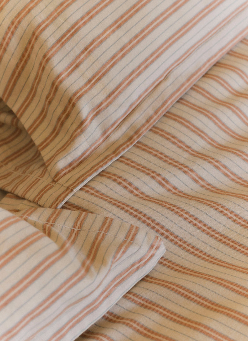 Ines Stripe Cotton Flannel Oxford Pillowcase Set | Apricot/Soft Blue