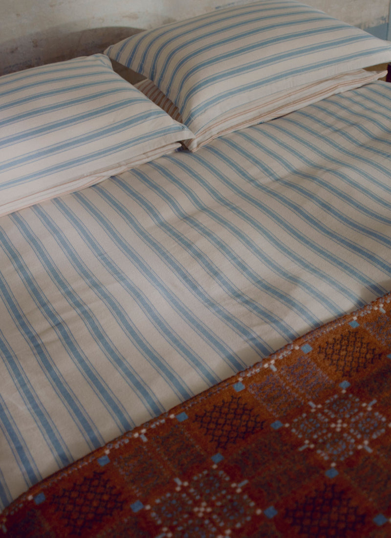 Fjord Stripe Cotton Flannel Oxford Pillowcase Set | Washed Blue/Ecru