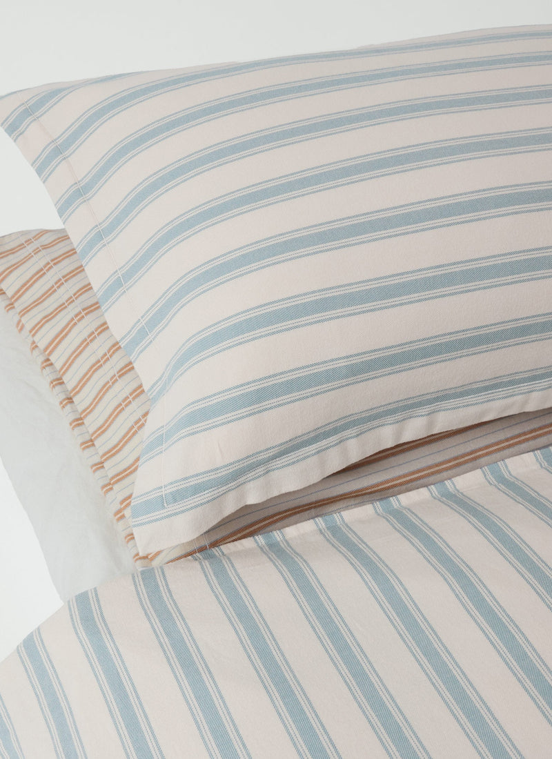 Fjord Stripe Cotton Flannel Oxford Pillowcase Set | Washed Blue/Ecru