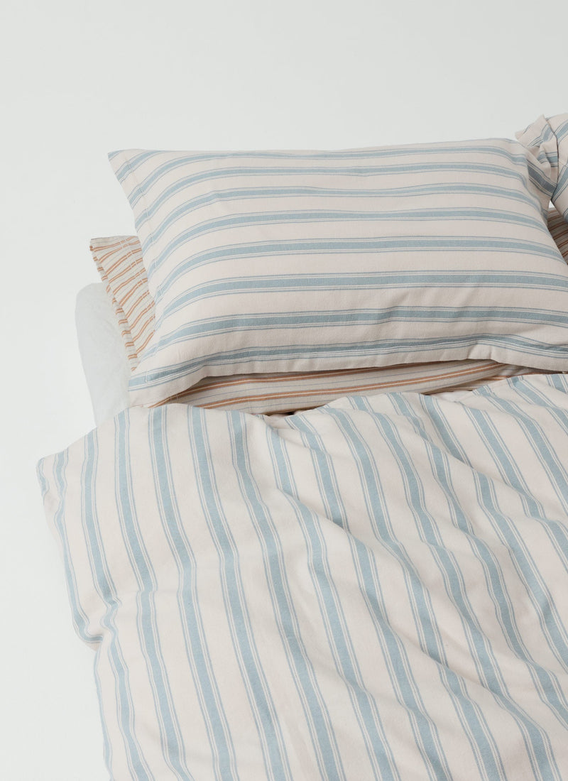 Fjord Stripe Cotton Flannel Oxford Pillowcase Set | Washed Blue/Ecru