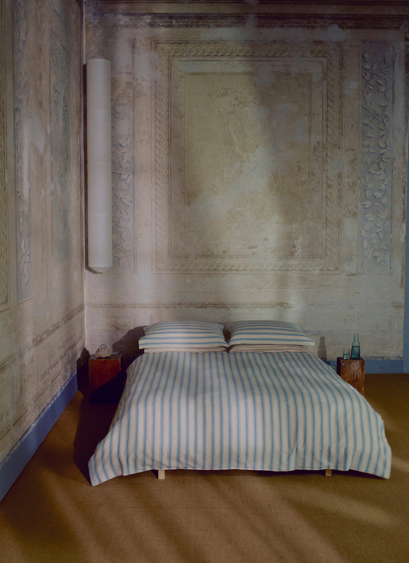 Fjord Stripe Cotton Flannel Duvet Cover | Washed Blue/Ecru