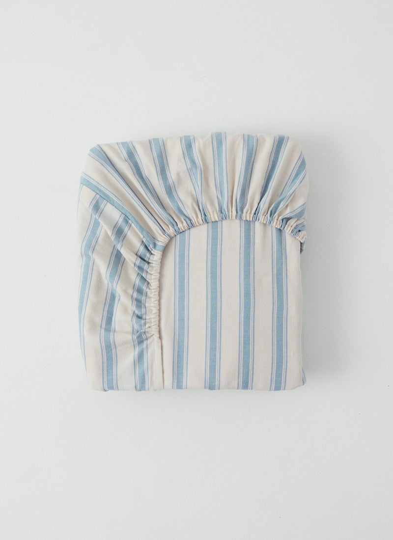 Fjord Stripe Cotton Flannel Fitted Sheet | Washed Blue/Ecru