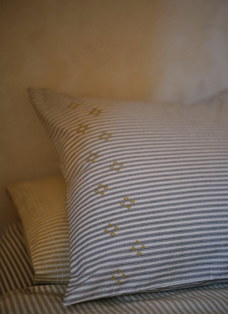 Ticking Stripe Cotton Embroidered Square Pillowcase | Ecru/Graphite