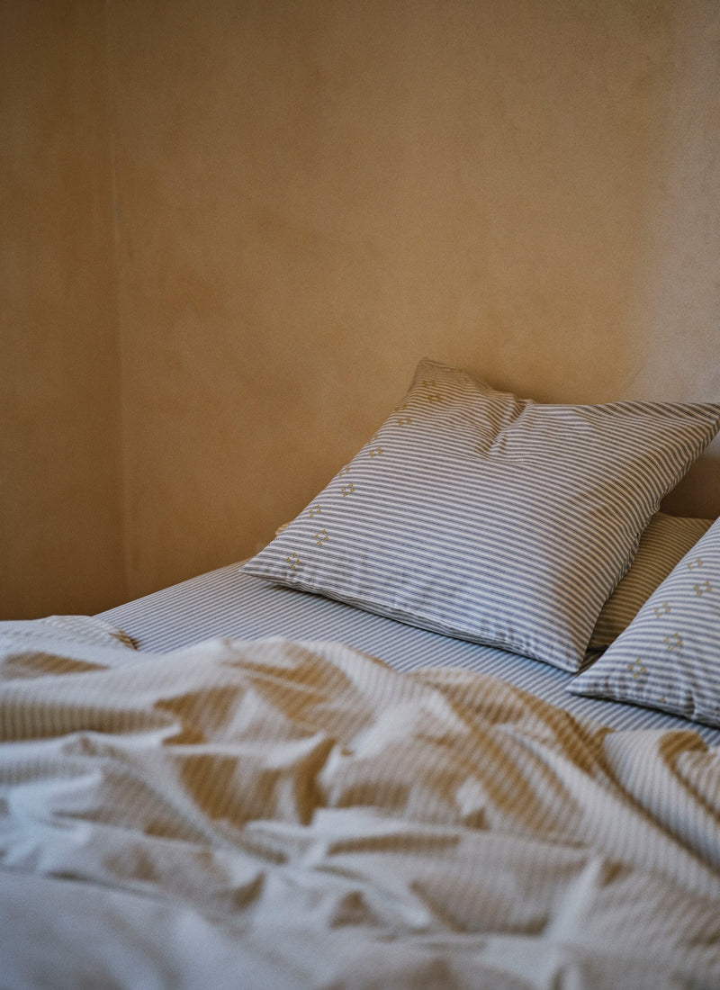 Ticking Stripe Cotton Embroidered Square Pillowcase | Ecru/Graphite