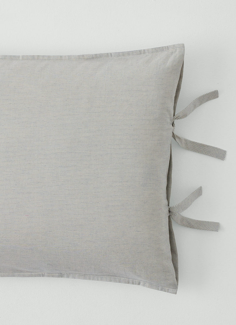 Fine Stripe Cotton Side Tie Pillowcase Set | Ecru/Smoke Blue