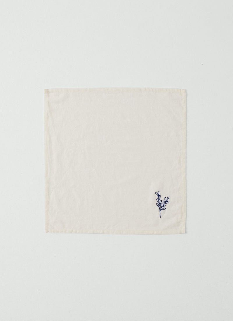 Embroidered Sprig Cotton Linen Napkin | Ecru/Blue