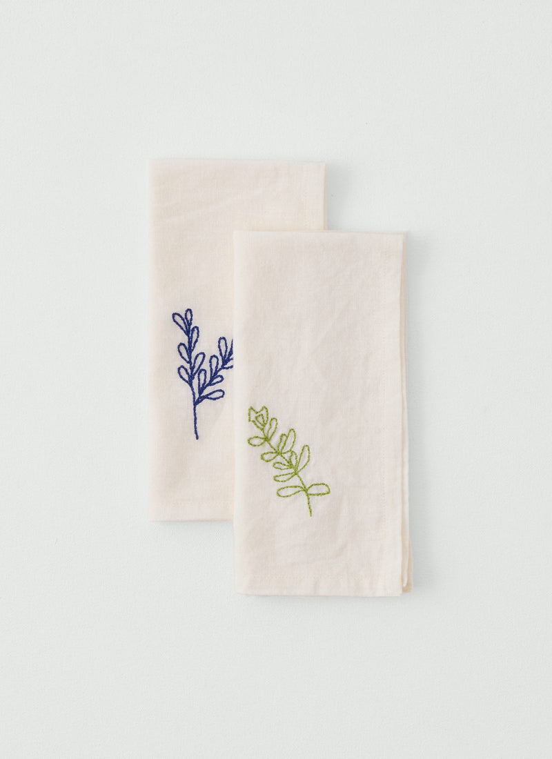 Embroidered Sprig Cotton Linen Napkin | Ecru/Blue
