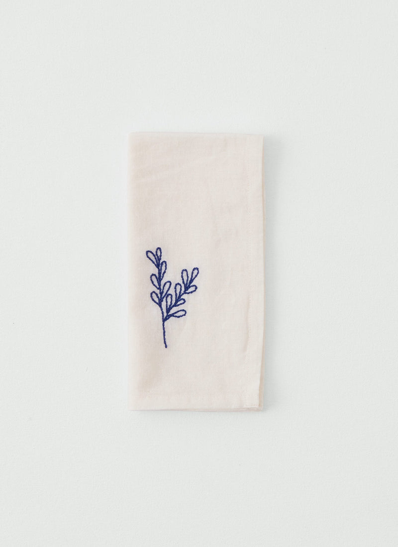 Embroidered Sprig Cotton Linen Napkin | Ecru/Blue
