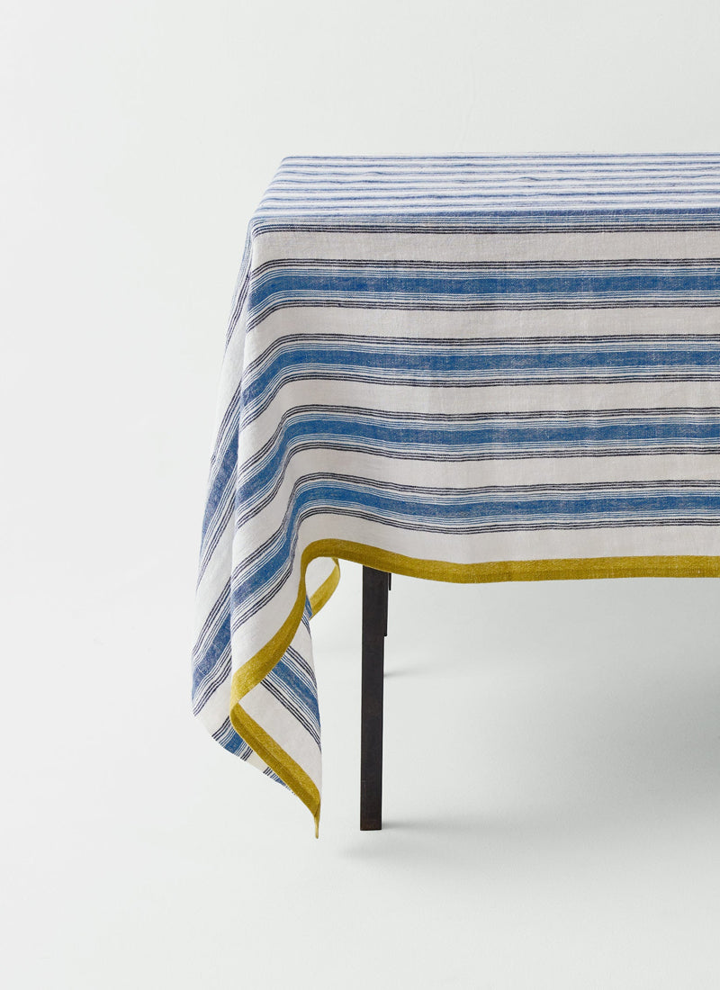 Chef Stripe Linen Tablecloth | Ecru/Multi Blue