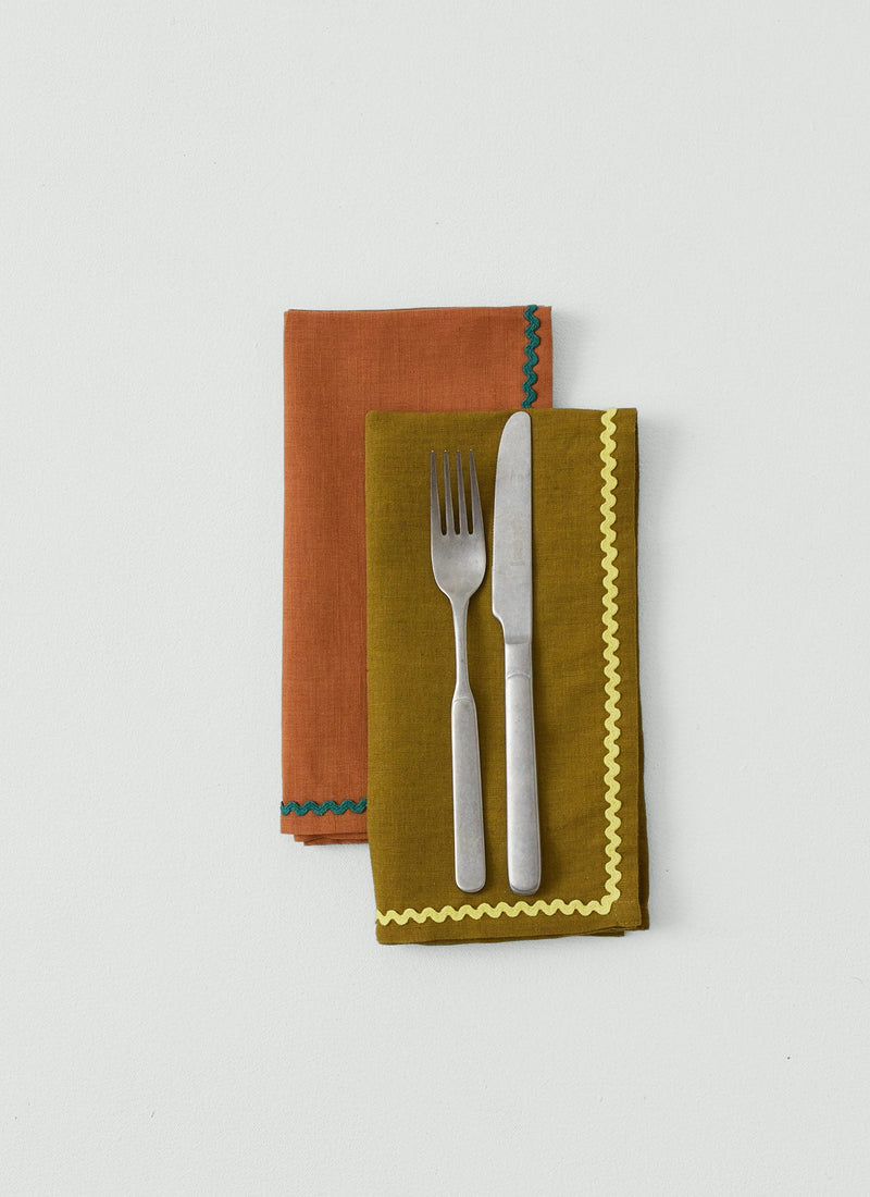 Ric Rac Border Cotton Linen Napkin | Olive/Mimosa