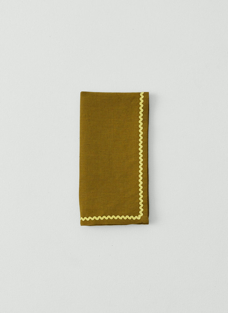 Ric Rac Border Cotton Linen Napkin | Olive/Mimosa