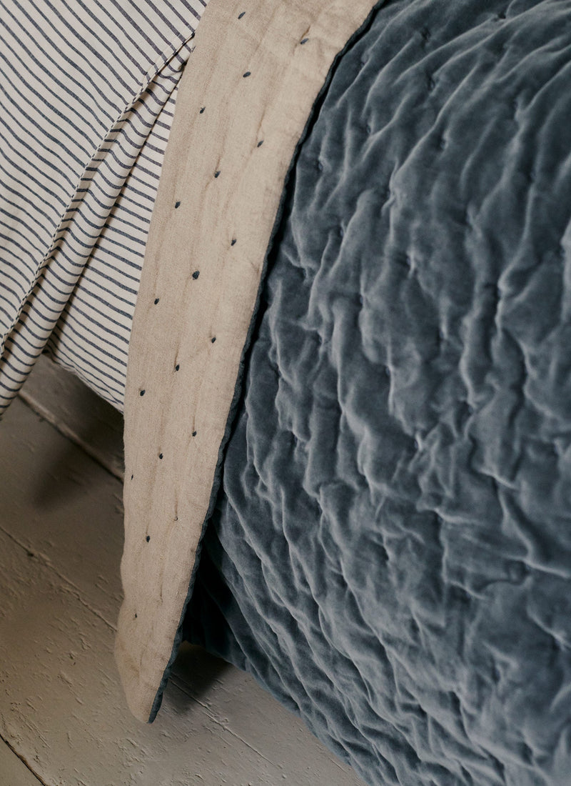 Hand Quilted Velvet Throw | Mineral Blue/Natural