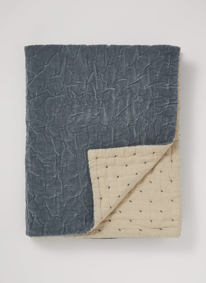 Hand Quilted Velvet Throw | Mineral Blue/Natural