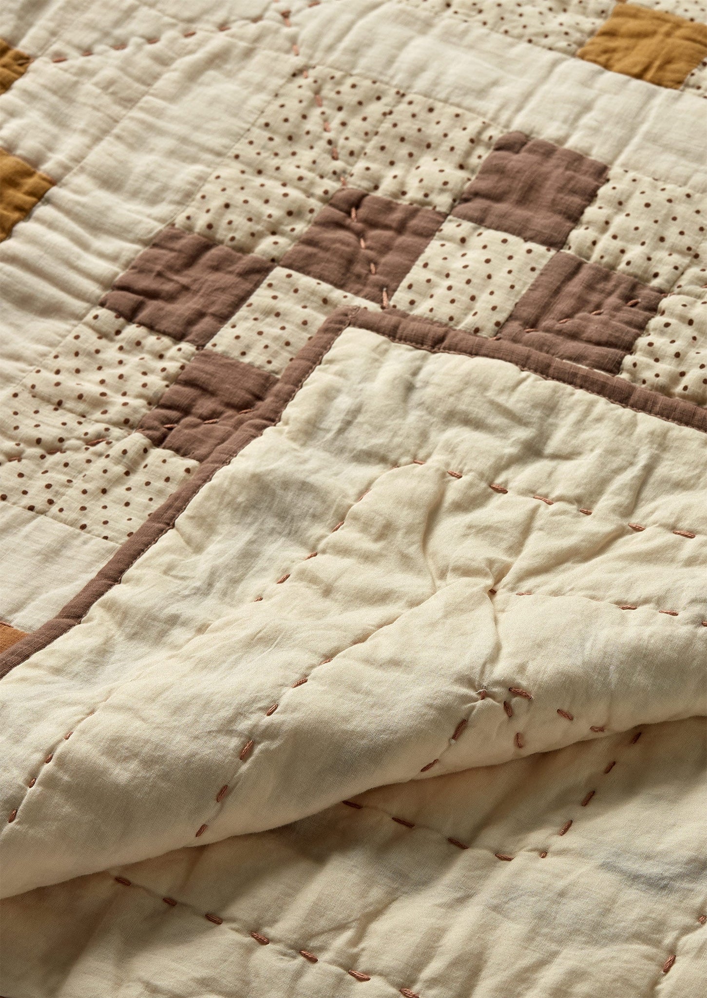 Tile Cotton Patchwork Quilt | Ecru/Golden Hay/Prune