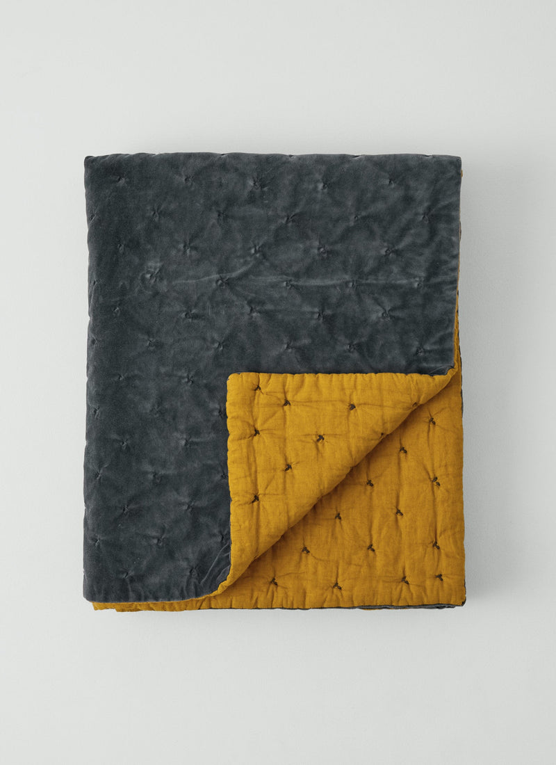 Contrast Colour Organic Velvet Quilt | Slate/Lichen